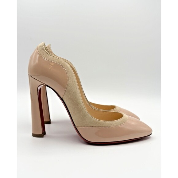 Christian Louboutin Patent & Suede Nude Block Heels Maud 100 Sz EU 37 7 Sample - Picture 1 of 13